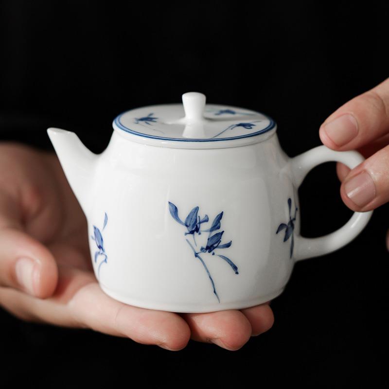 猪油白釉下纯手绘茶壶蝴蝶兰防烫泡茶器家用茶具陶瓷茶杯高档茶器