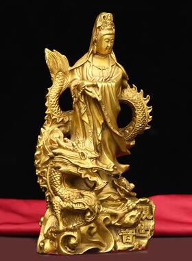 黄铜九龙观音南海观世音纯铜骑龙御龙观音菩萨像家居供奉站像