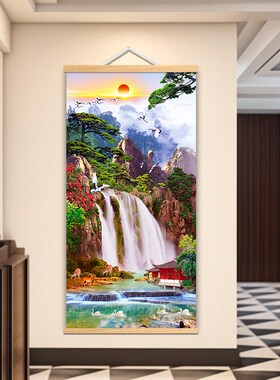 中式风景山水画挂饰 玄关过道装饰风景画 瀑布旭日东升家居挂画