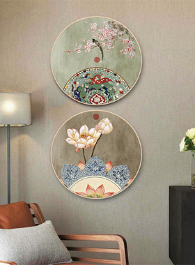 新中式客厅装饰画玄关挂画荷花莲花沙发背景墙餐厅圆形禅意中国风
