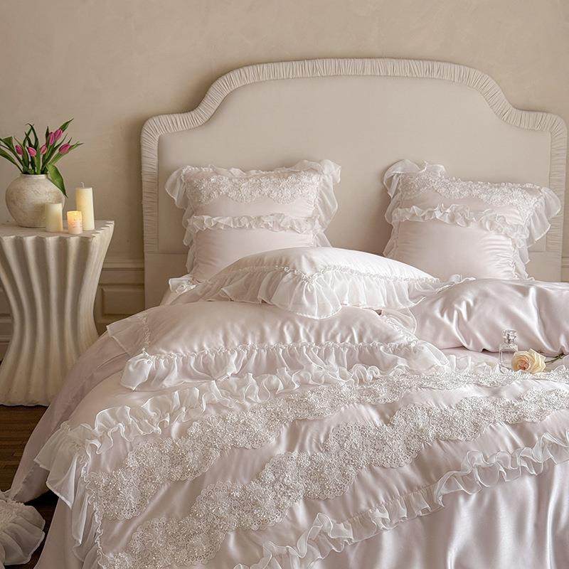 法式优雅少女心夏季兰精天丝四件套凉感莱赛尔蕾丝花边被套床品