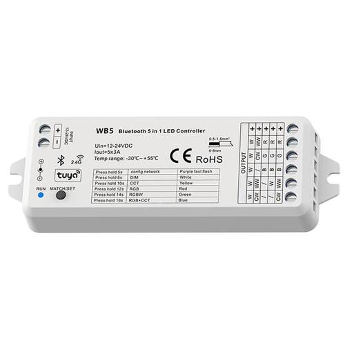 WB5 TUYA蓝⽛&RF5路RGB、RGBW、RGB+CCT、⾊温或单⾊LED灯带音乐