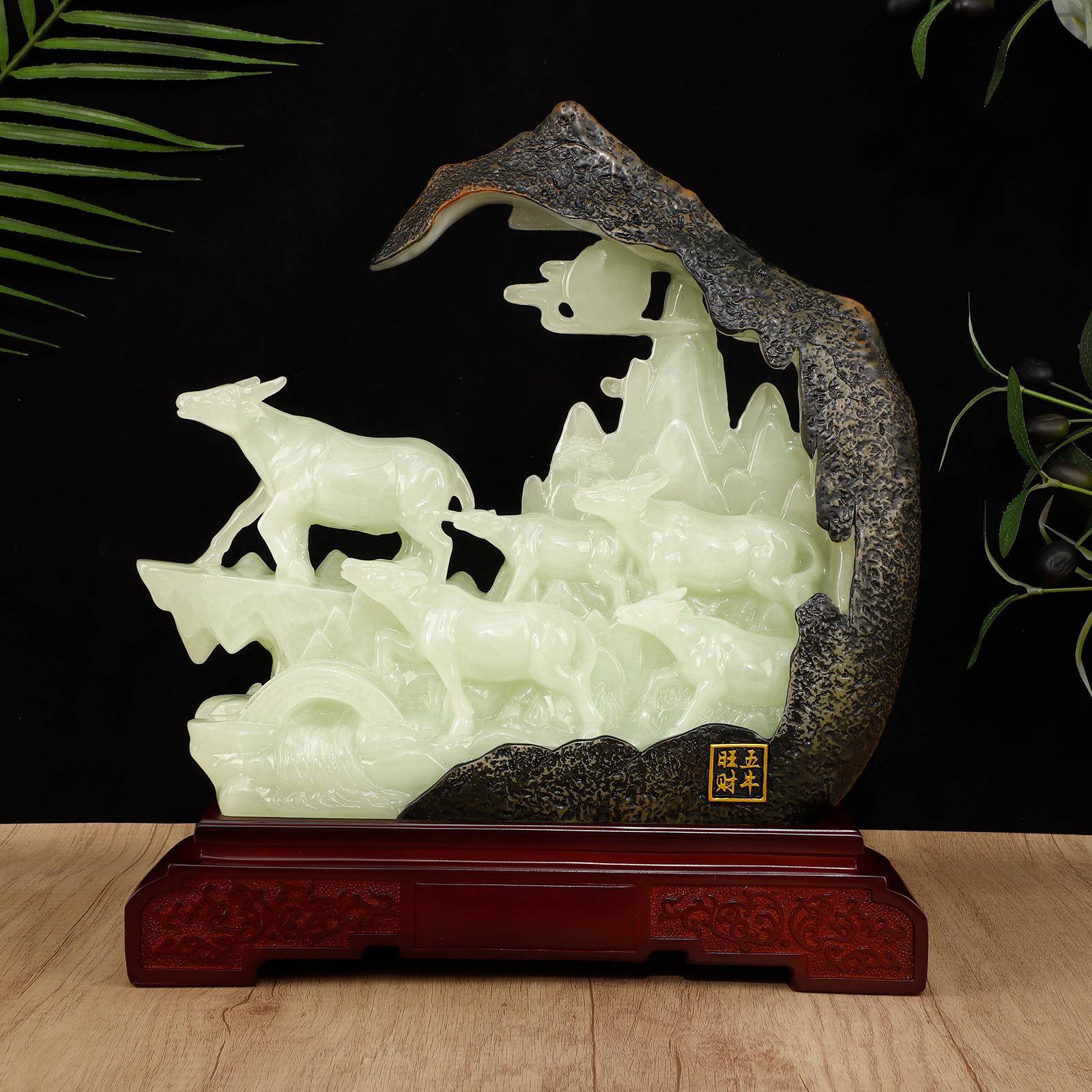中式五牛旺财仿玉摆件居家装饰工艺品摆件办公桌装饰用品树脂摆件
