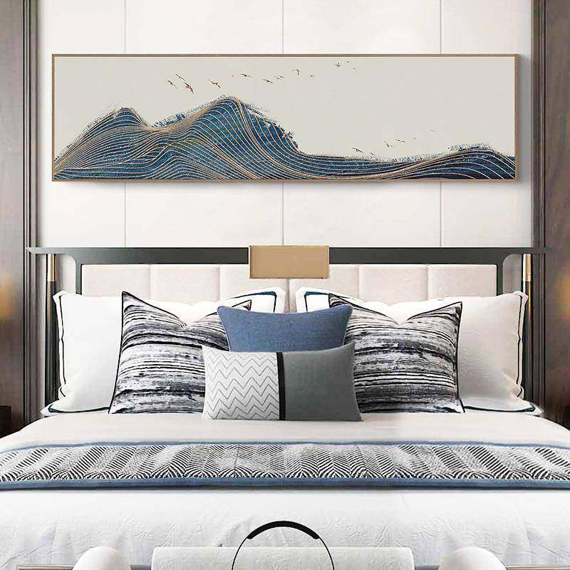 现代轻奢新中式客厅装饰画主卧室床头墙挂画横幅抽象金色线条蓝色
