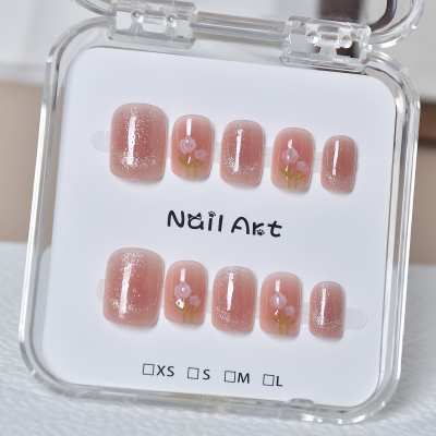 猫眼郁金香花朵手工穿戴甲2025新款指甲贴片短款学生党穿戴美甲