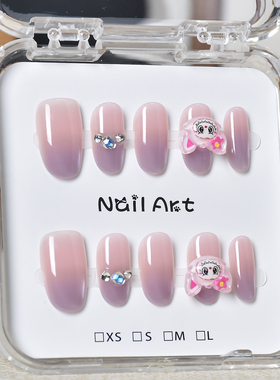 可爱卡通儿童穿戴甲中短款学生党指甲贴片猫眼秋冬紫色穿戴美甲
