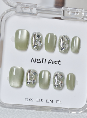 绿色穿戴甲短款猫眼甲片2026新款高级感指甲贴片穿戴款美甲小众