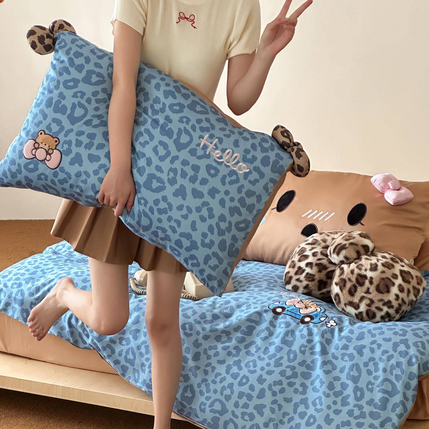 2025新款少女心豹纹四件套纯棉全棉刺绣蝴蝶结被套粉床单床上用品