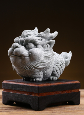 国风青砂石火麒麟瑞兽动物摆件创意家居客厅茶室桌面茶宠装饰品