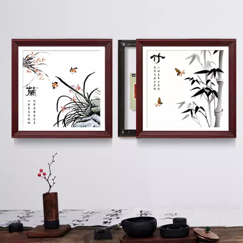 二联推拉中式配电箱挂画遮挡电表箱装饰画电闸箱液压开关画免打孔