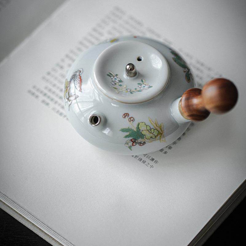 宜室胡茶yd话仿古陶瓷把侧壶文人器桃木手柄手执小品壶家用泡茶壶