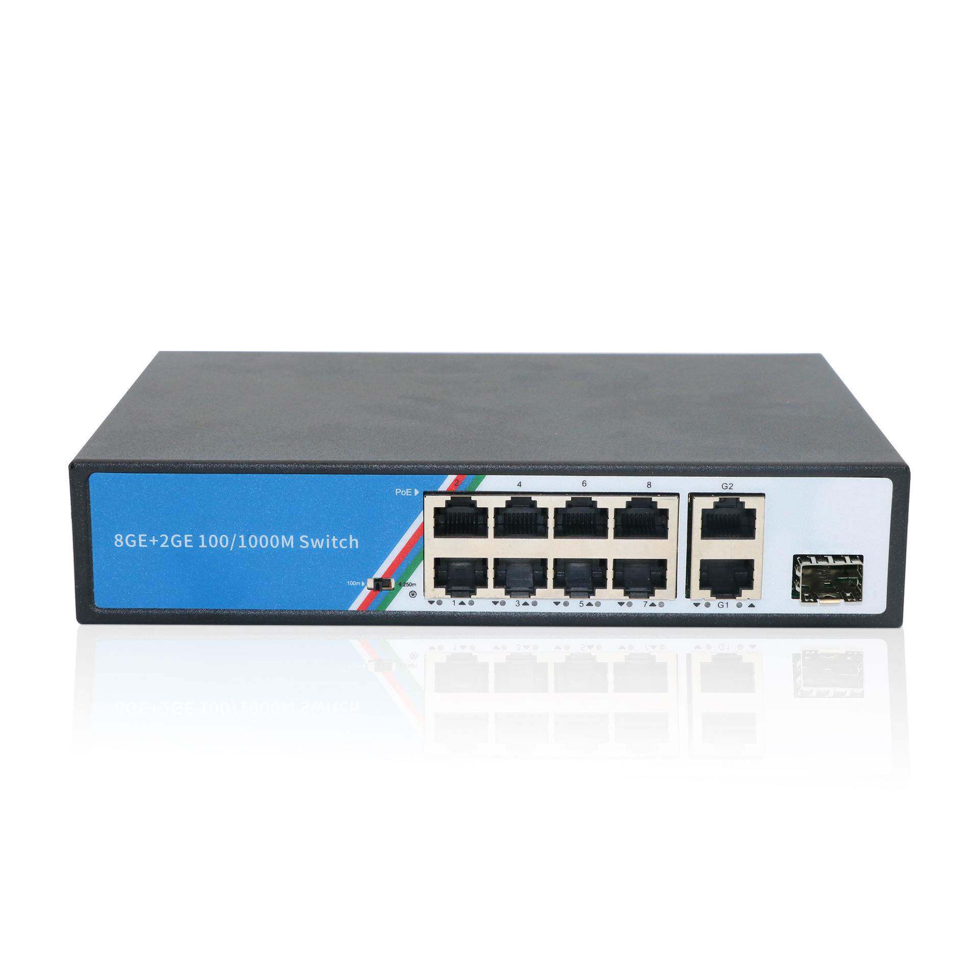 全千兆8+2+1SFP光口 标准国标POE交换机智能机网络安防监控防雷