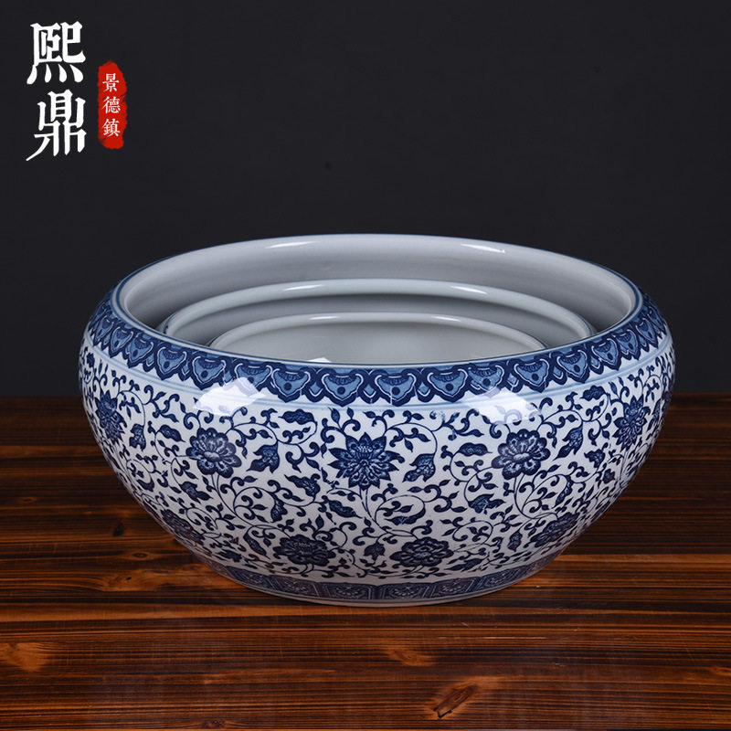 花盆古典青花瓷水培盆大口径圆形陶瓷水浅盆铜钱草一叶睡莲盆缸图片
