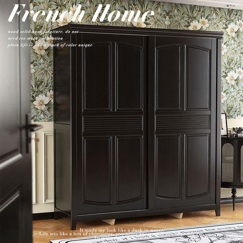 黑5橱美式实木衣柜色现黑色9408代简约推拉V门衣柜复古法式储物衣