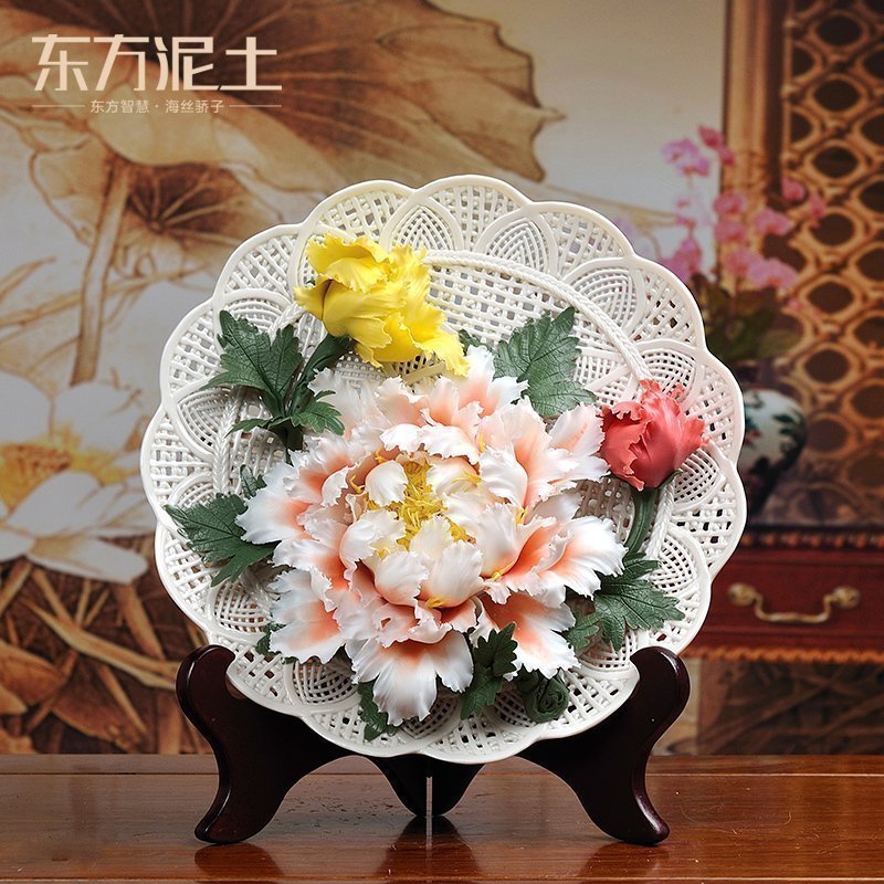 东方泥土 隔断摆件装饰品客厅 陶瓷花挂盘电视柜酒柜摆件/D54-22