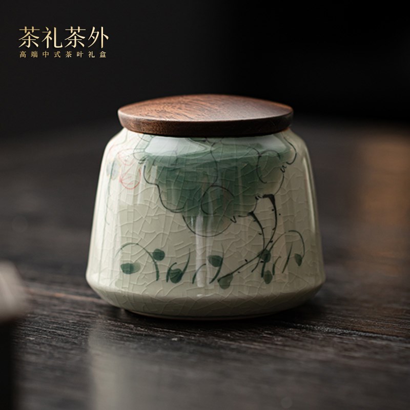 陶瓷茶叶罐密封罐 黑檀木盖手绘家用存茶罐冰裂釉开片茶叶储存罐