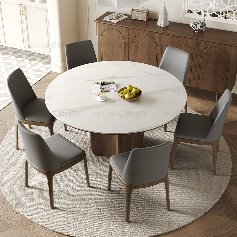 意式高端圆形实木餐桌带转盘家用设计师白蜡木侘寂风别墅岩板圆桌
