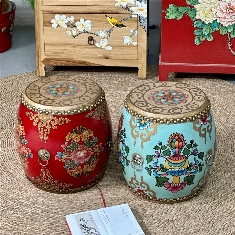 实木鼓凳圆凳绣墩换鞋凳中式做旧彩绘坐凳客厅茶几凳花樽装饰摆件