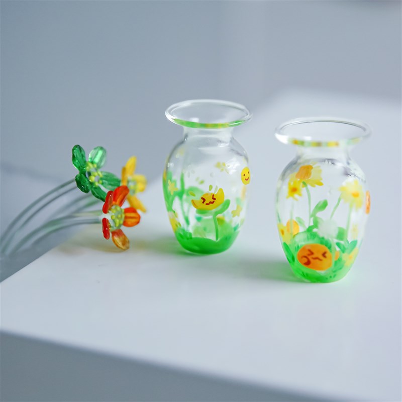 七隐 手工玻璃迷你小花瓶放小花瓶香水挥发瓶手绘微景观摆件