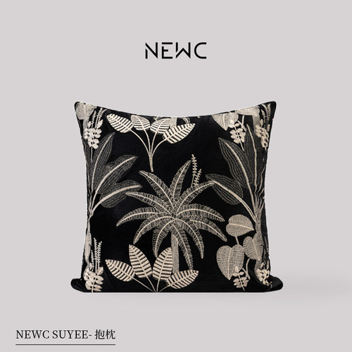 新宸优品 中古风抱枕高级客厅沙发会所茶室黑色重工绣花植物靠垫