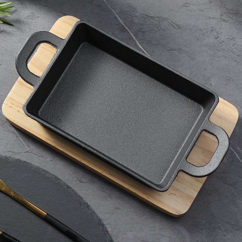 加厚铸铁烤盘长方形商用小份无骨烤鱼饭铁板烧盘配木板电磁炉通用