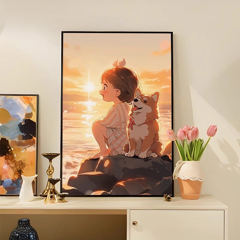 夕阳下的伙伴治愈系装饰画适用客厅卧室书房挂画高级氛围感摆画