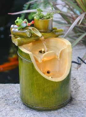 竹子工艺品循环水喷泉小型水车转轮流水器景观办公室桌面装饰摆件
