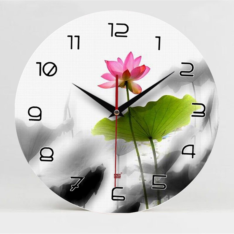 承沁个性创意钟表时钟挂钟客厅静音扫秒无框画钟时尚中式怀旧荷花