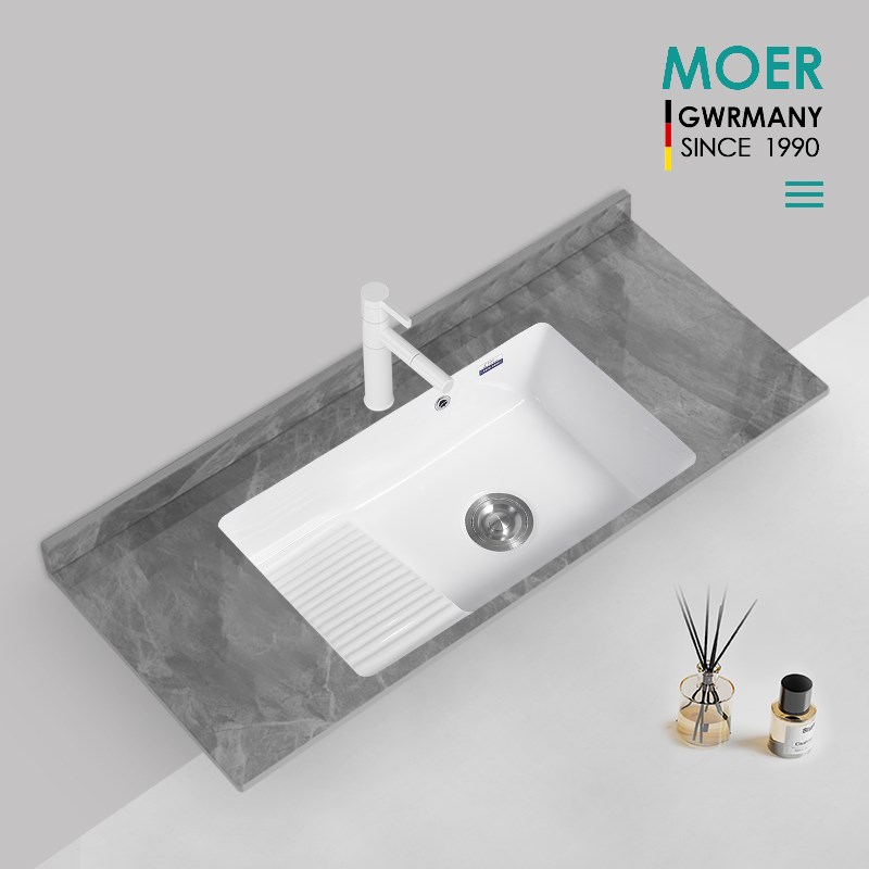 MOER定制岩板一体台面陶瓷洗衣盆水池洗衣池洗衣槽阳台带搓板无缝