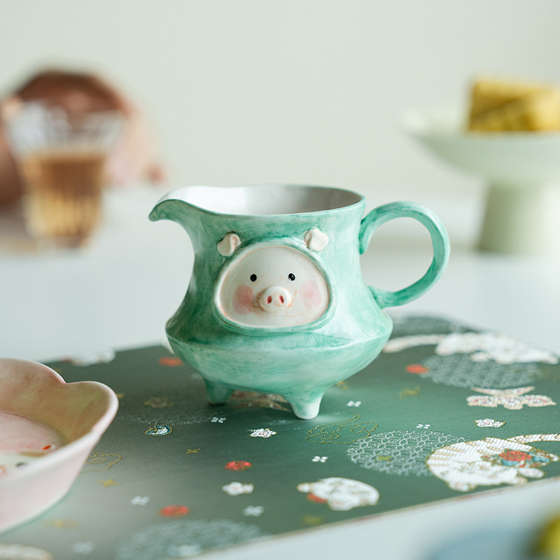 观策器隐可爱风纯手绘薄荷小猪三足公道杯家用茶海个人专用泡茶器