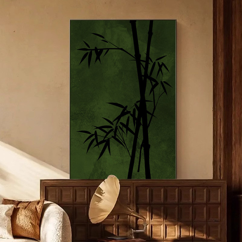 南洋风墨竹客厅装饰画绿色复古沙发背景墙壁画摆画中古风玄关挂画