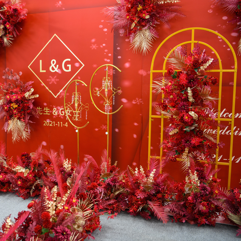 中式婚礼装饰花婚庆现场道具花艺背景墙拱门舞台布置路引花地排花