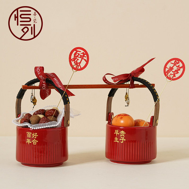 恒列结婚陶瓷子孙桶一对新娘婚庆用品女方陪嫁红色喜桶娘家嫁妆品