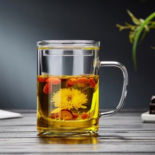 玻璃杯茶杯家用带把盖大容量茶水分离办公过滤男女透明泡花茶杯子