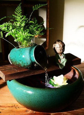 桌面陶瓷招财流水摆件古法养鱼陶罐小型生态金鱼缸循环可过滤装饰