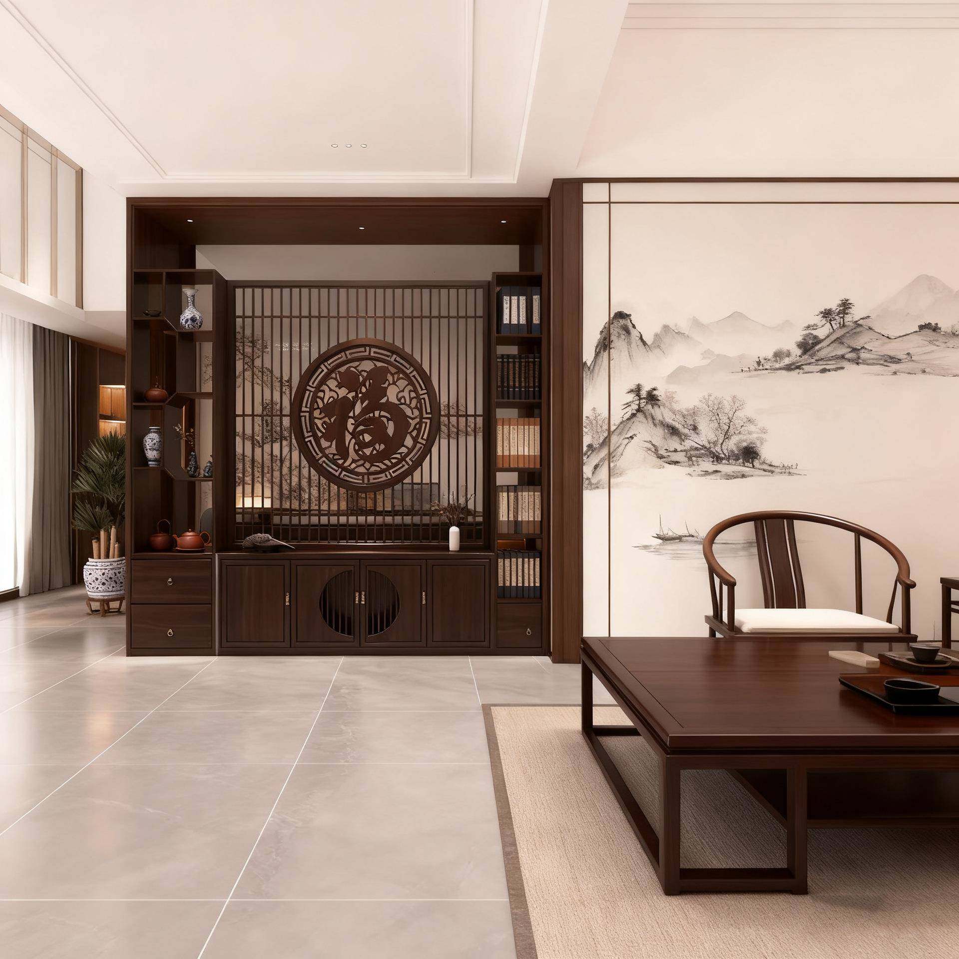 合金新中式屏风隔断客窝厅装饰柜电铝视柜蜂酒柜一体柜入GEW户玄