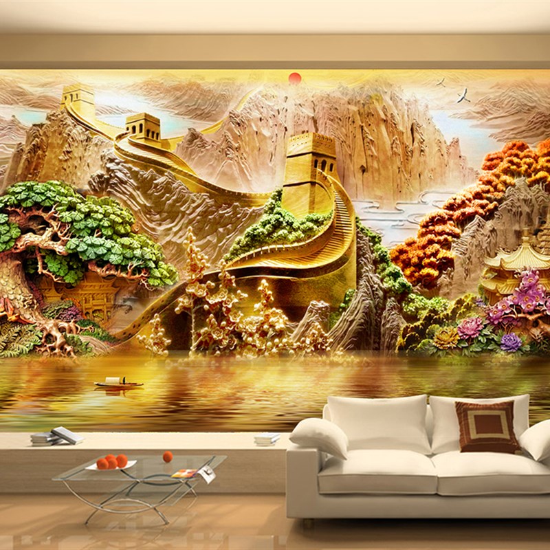 竹木纤维集成墙板电视背景墙客厅沙发护墙板立体浮雕山水装饰画