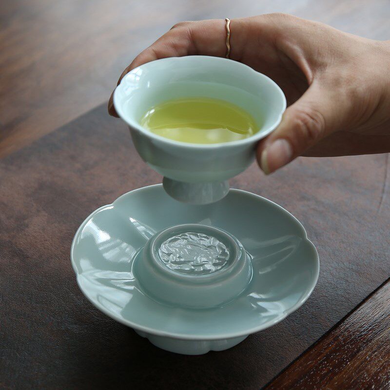 仿宋天青葵口茶盏品茗杯手工雕刻莲花纹主人杯点茶品茶调膏杯茶具