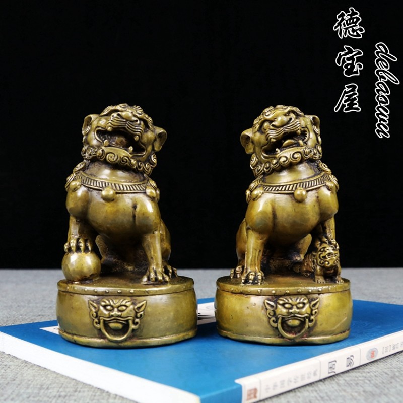 古典铜狮子摆件一对小号踩鼓狮子家居门口厅创意装饰摆设中式复古