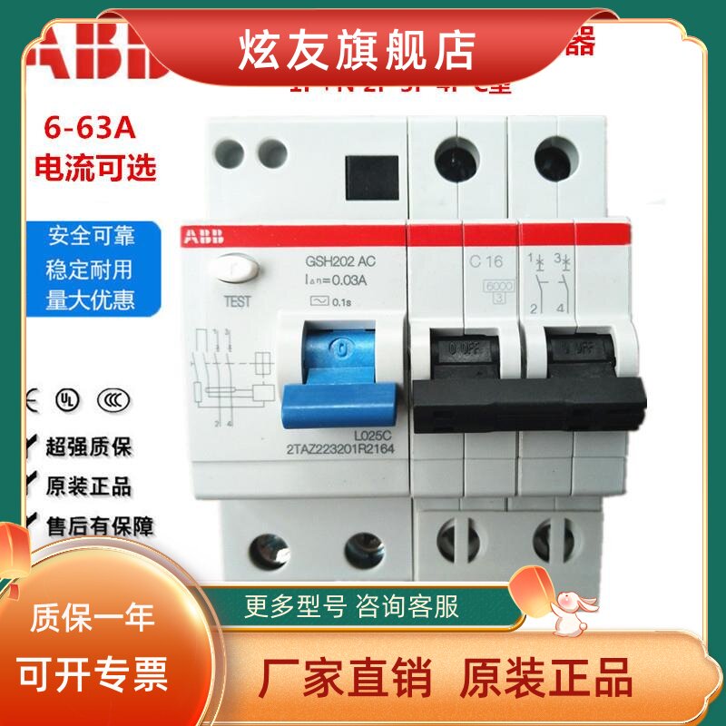 ABB漏电保护2P空气开关C型GSH202-C10/16/20/25/32/40/63A断路器