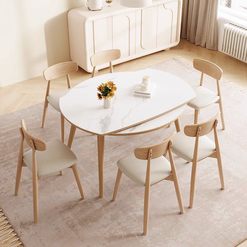 德利丰实木岩板餐桌可伸缩圆形现代简约奶油风家用小户型吃饭桌子