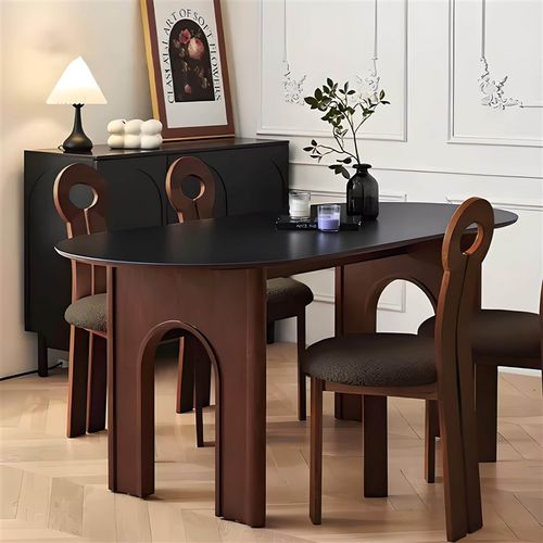 法式黑色岩板餐桌中古风2024新款家用白蜡木实木椭圆形拱门餐桌椅