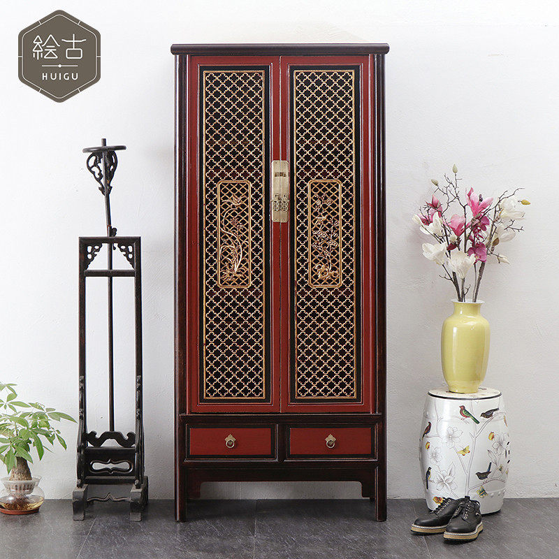 中式老榆木仿古书柜明清仿古实木镂空雕花单人衣柜卧室立柜装饰柜