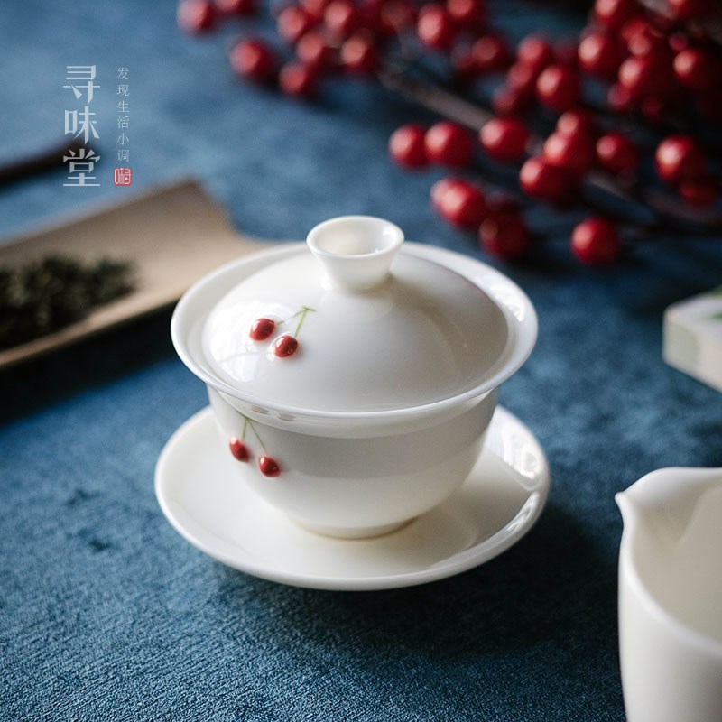羊脂玉瓷樱桃盖碗高档白瓷手工三才茶碗家用中式陶瓷功夫茶具