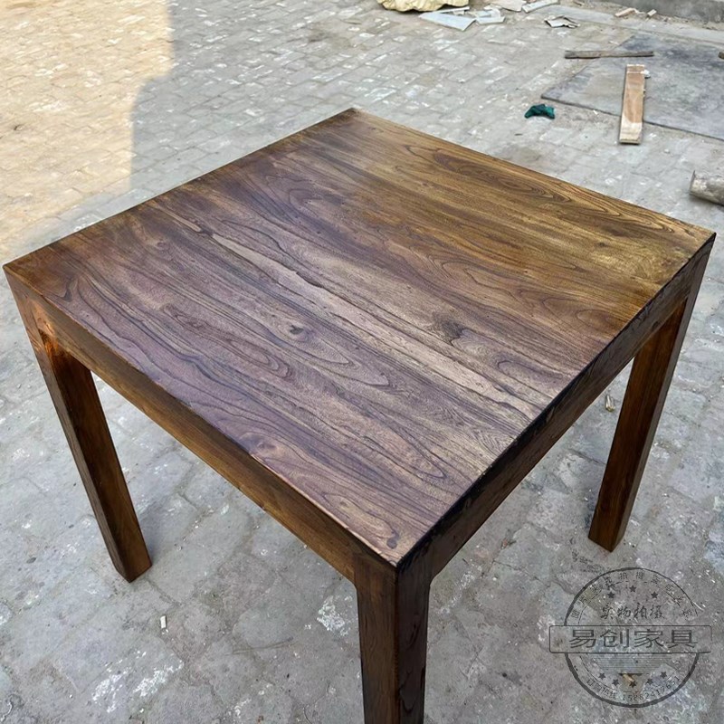 老榆木餐桌全实木复古正方形多人咖啡桌老门板简约经济快餐方桌子