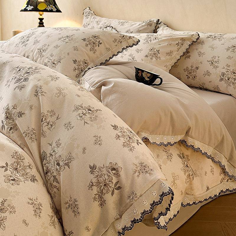 a类全棉磨毛四件套秋冬复古花边被套南通床上三件套纯棉床单被罩