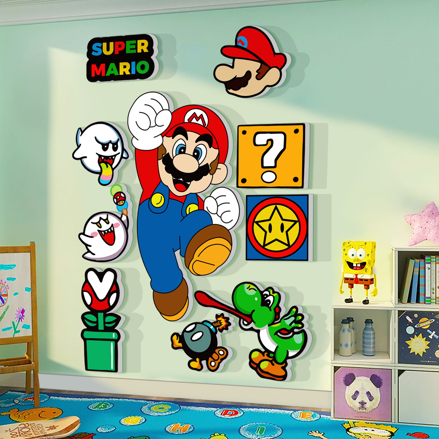 马里奥墙面玩具贴超级玛丽画儿童区房间布置男孩卧室装饰互动背景