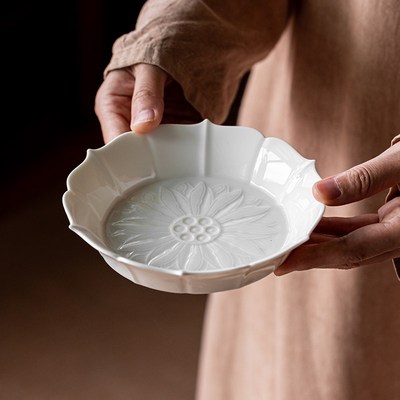 白瓷浮雕莲花壶承干泡台陶瓷壶托养壶盘点心盘零食盘茶配件