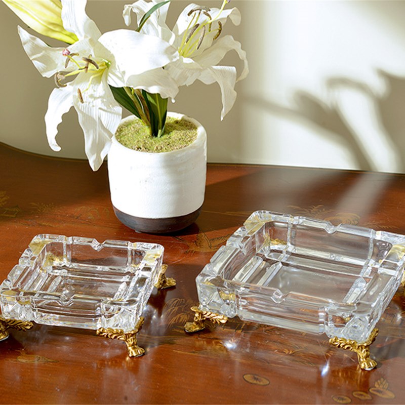 欧式水晶玻璃镶铜方形大号烟灰缸别墅客厅茶几烟碟装饰摆件送礼