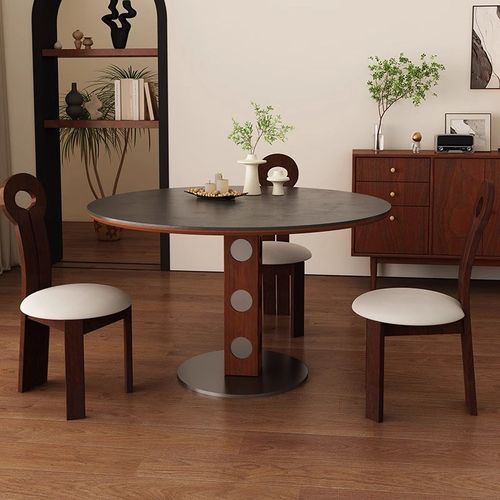 餐桌现代简约家用小户型复古胡桃木实木圆形中古风餐厅岩板饭桌